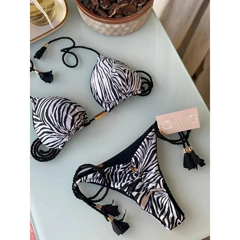 OIINAA Swimsuit Women Bikinis Set Sexy Drawstring Bikini Beachwear Leopard Two-pieces Swimwear Bathing Suit Lace Up Bikini Set