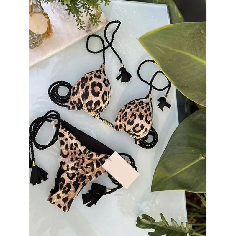 OIINAA Swimsuit Women Bikinis Set Sexy Drawstring Bikini Beachwear Leopard Two-pieces Swimwear Bathing Suit Lace Up Bikini Set