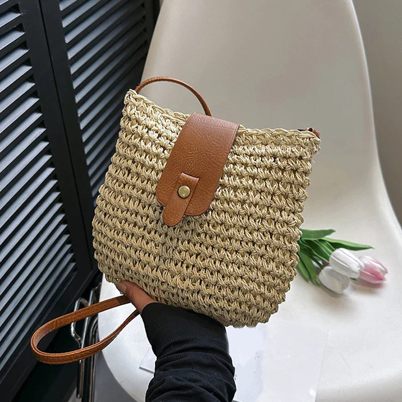 Bolsa de palha para mulheres, bolsa de ombro tecida